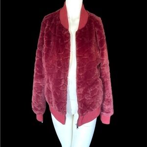 Ashley by 26 Burgundy Maroon Fur Zip Bomber Jacket​​​​​